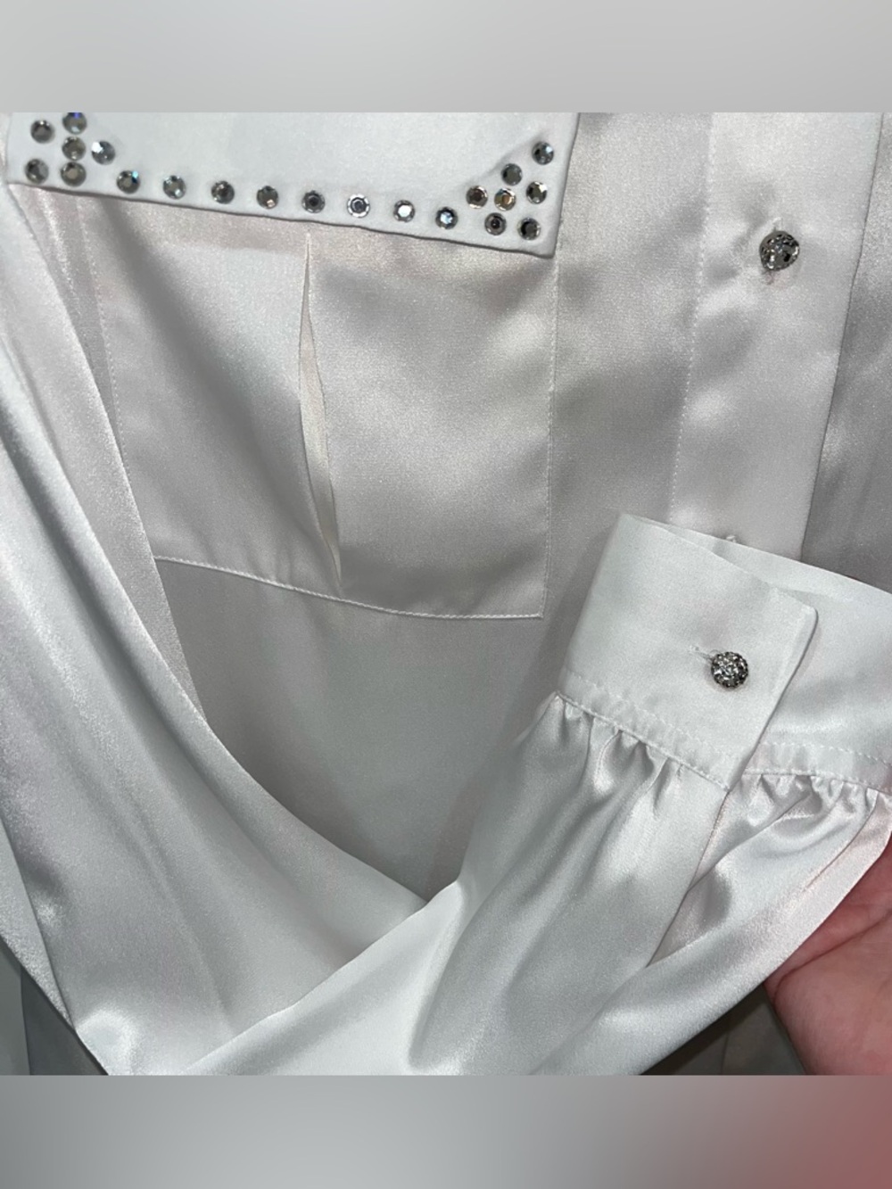 Vintage JH Collectibles White Satin Button-Up Shirt w/ Studded Collar & Pockets - Picture 3 of 9